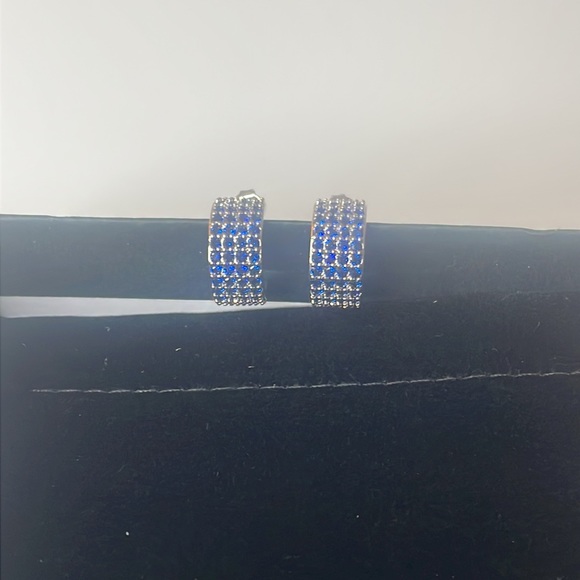 Macy’s Silver Half Hoop Blue Gemstone Earrings - Picture 3 of 8